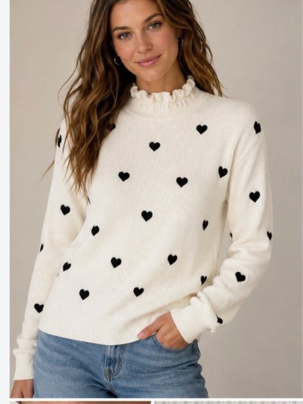 Anthropologie Ruffled Collar Heart Sweater in Classic Black and White
